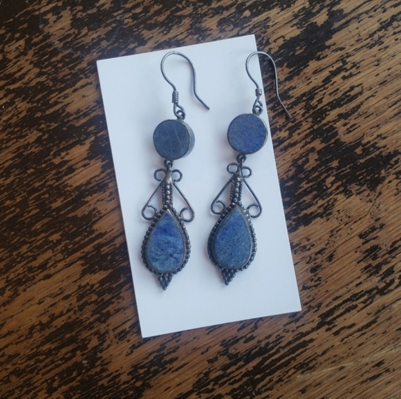 Lapis & Sterling Silver Dangle Hanging Earingd - Picture 2 of 6